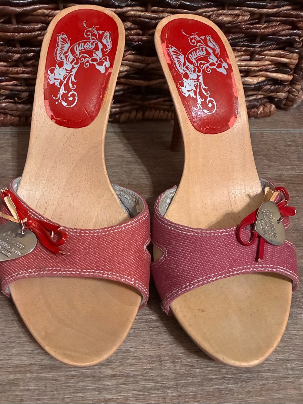 Vintage Guess Red Open-Toe Slide Heels with Charm Accent
